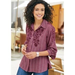 Soft Surroundings Floral Embroidered Metallic Cotton Stripe Button Down